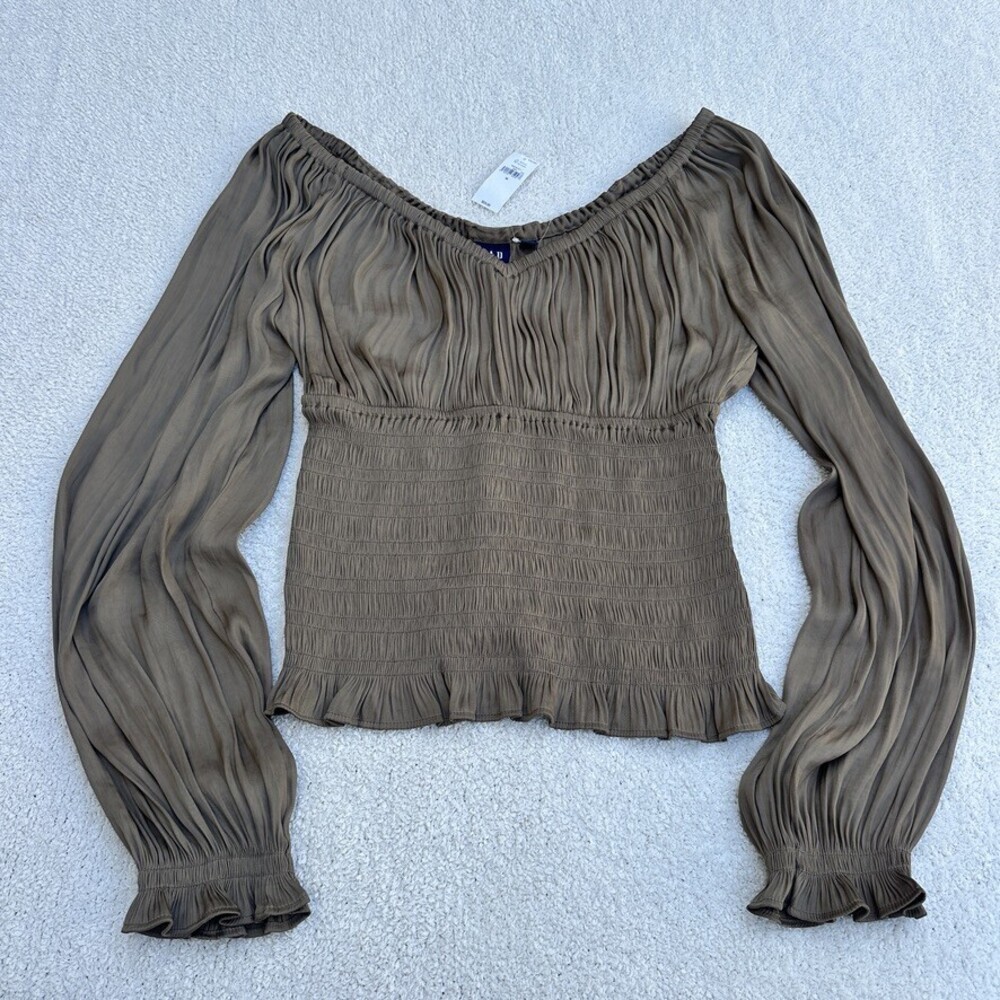 Gap Smocked Off-Shoulder Top Balloon Sleeve Olive Peasant Blouse - M